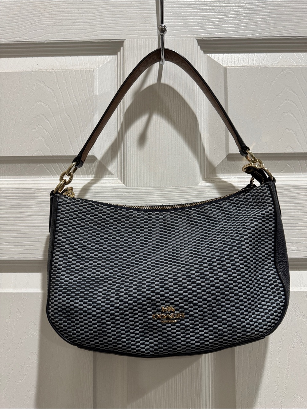 Coach Navy Blue and Gray Woven Jacquard Shoulder Bag with Navy Blue Strap